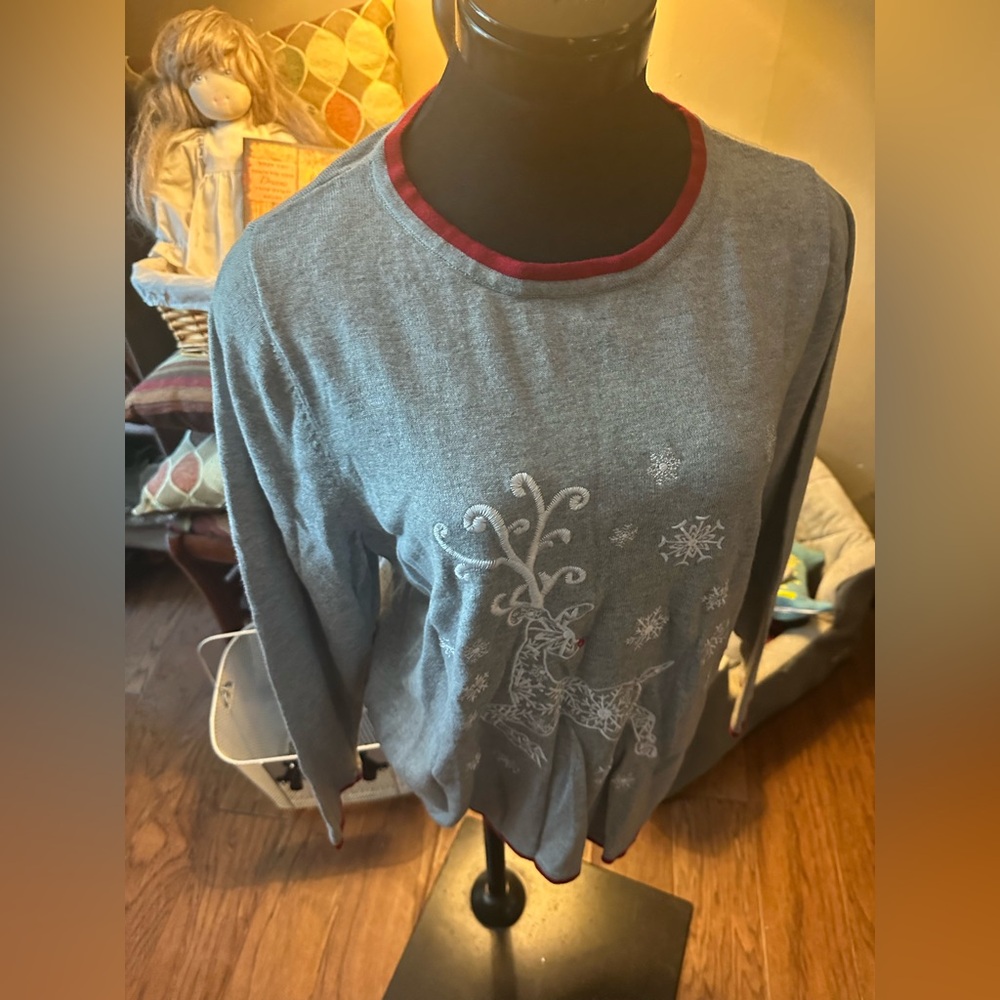 Gray Reindeer Sweater with Red Trim